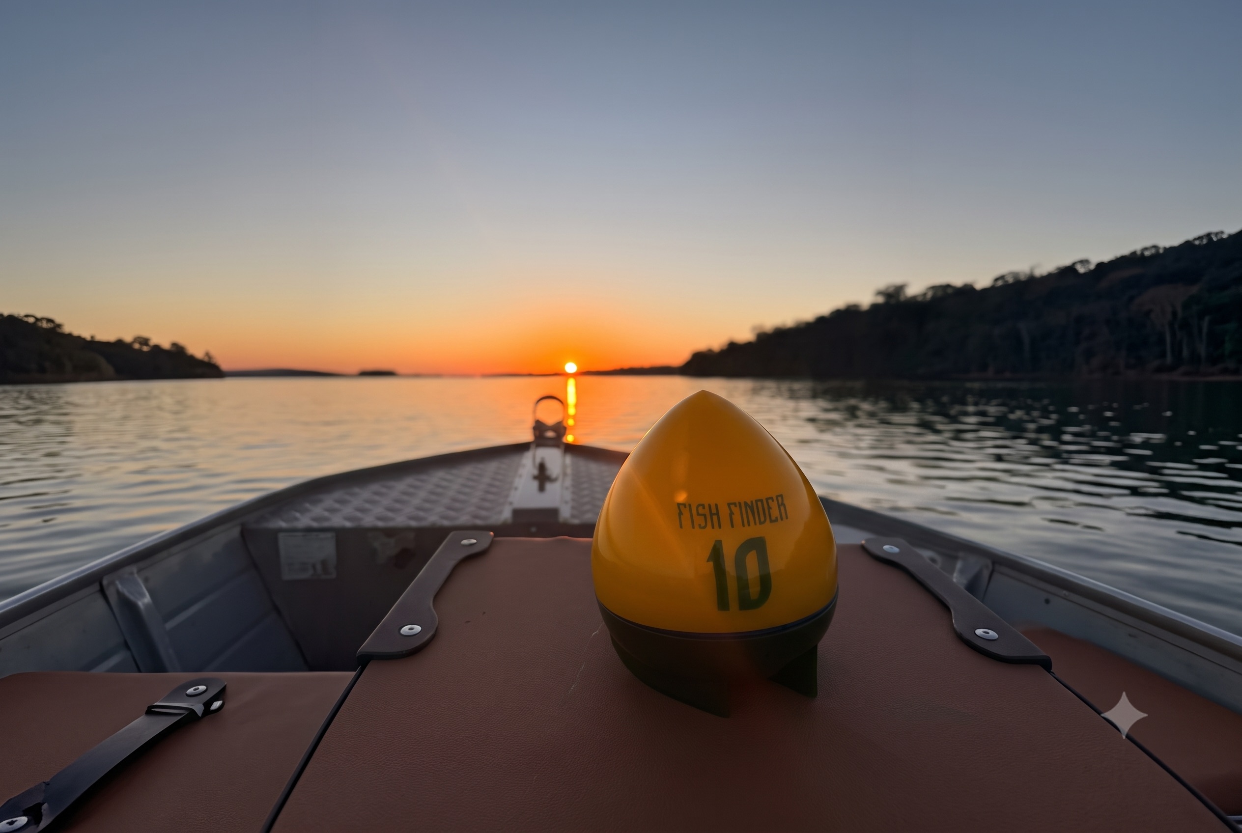 Smart Fish Finder na proa de um barco ao pôr do sol, com o lago ao fundo